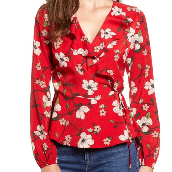LYDELLE for NORDSTROM Women's Red/White Floral Surplice Ruffle Wrap Blouse sz S - Picture 3 of 8